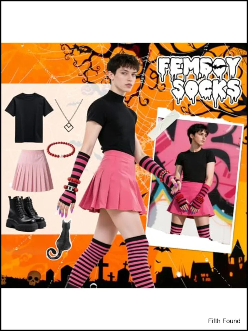 Women Striped Thigh High Socks & Fingerless Gloves Set